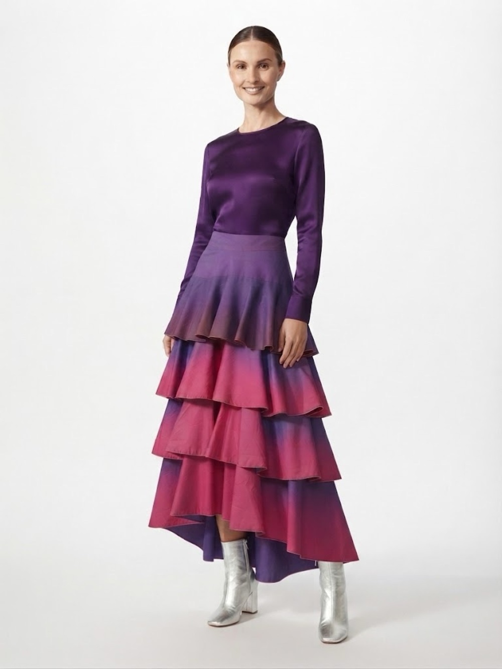 Purple and Pink Tiered Ruffle Maxi Skirt